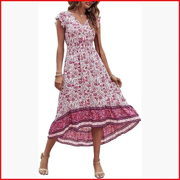 Summer Maxi Dress Floral V Neck Cap Sleeves Boho High Low Flowy Midi - Picture 1 of 7